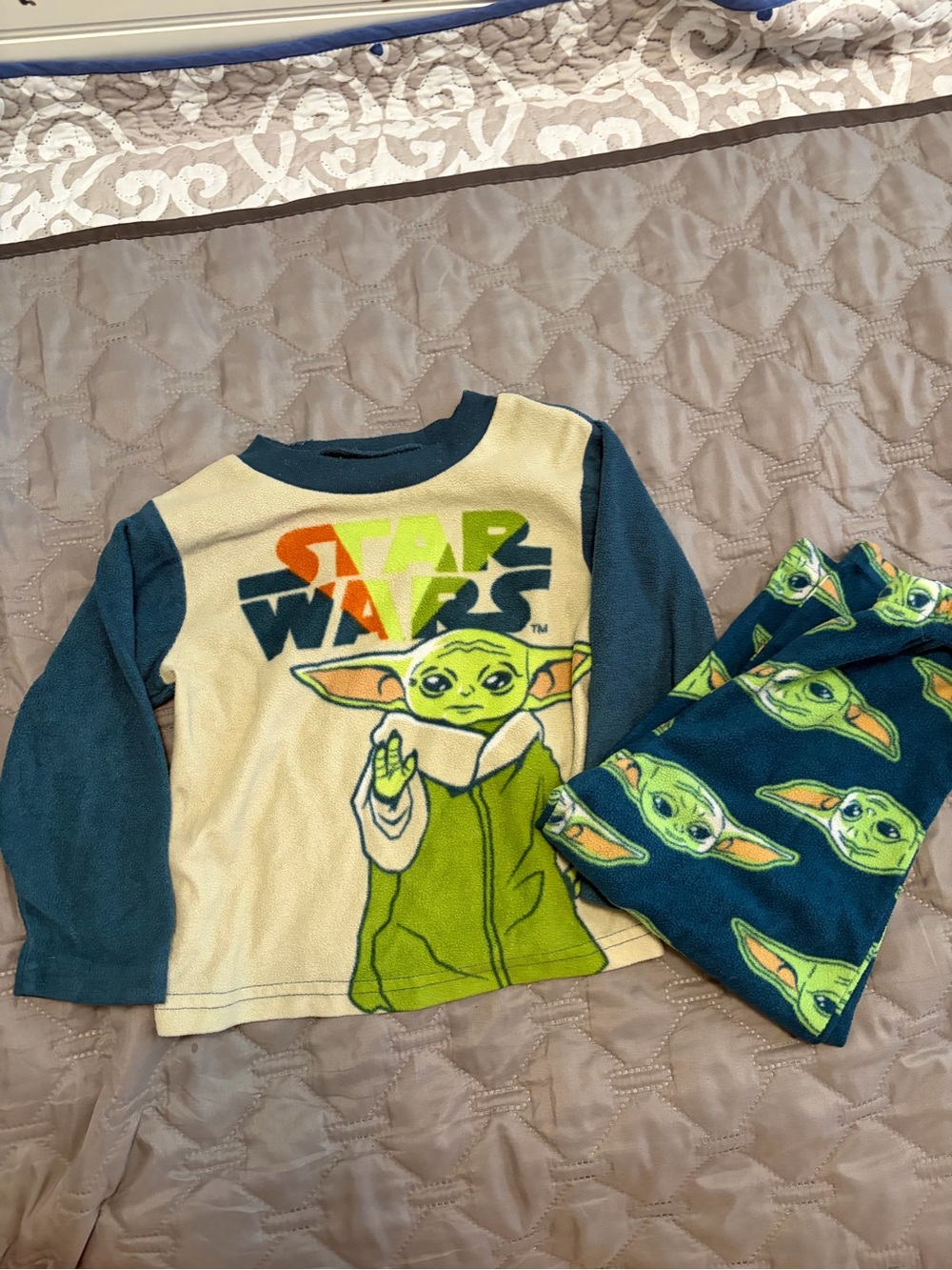 Star Wars Kids Pajama Set in Navy, Cream & Green with Grogu